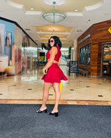 Eleganza Cut-Out Mini Dress- Burgundy side view highlighting short hemline