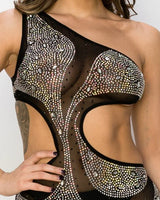 Eliana Crystal Black Mini Dress full body look paired with heels and accessories