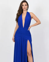 Elysian Plunge Gown - Royal Blue close up detail of plunge design and fabric