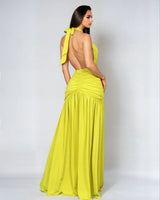 Elysian Plunge Halter Gown – Chartreuse Ruched Slit Maxi Dress close up detail of halter design and fabric