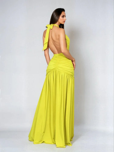 Elysian Plunge Halter Gown – Chartreuse Ruched Slit Maxi Dress close up detail of halter design and fabric