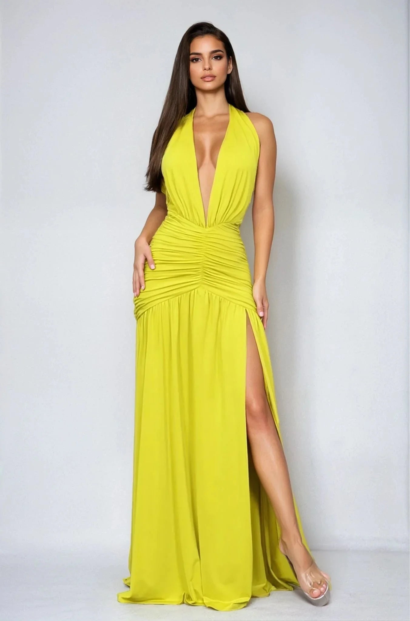 Palazzo Couture Online Women's Chartreuse Ruched Slit Maxi Dress, Size M
