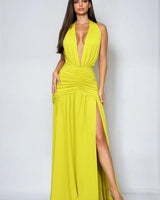 Elysian Plunge Halter Gown – Chartreuse Ruched Slit Maxi Dress front view showing full-length maxi silhouette