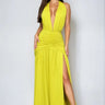 Elysian Plunge Halter Gown – Chartreuse Ruched Slit Maxi Dress front view showing full-length maxi silhouette