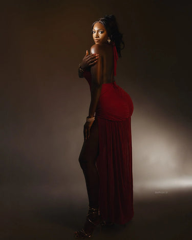 Women's Red maxi dress plunge style back view