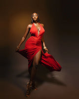 Elysian Red Plunge Gown with Ruched Waist & High Slit close up detail of plunge design and fabric