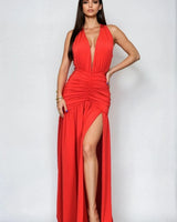 Elysian Red Plunge Gown with Ruched Waist & High Slit front view showing full-length maxi silhouette