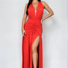 Elysian Red Plunge Gown with Ruched Waist & High Slit front view showing full-length maxi silhouette