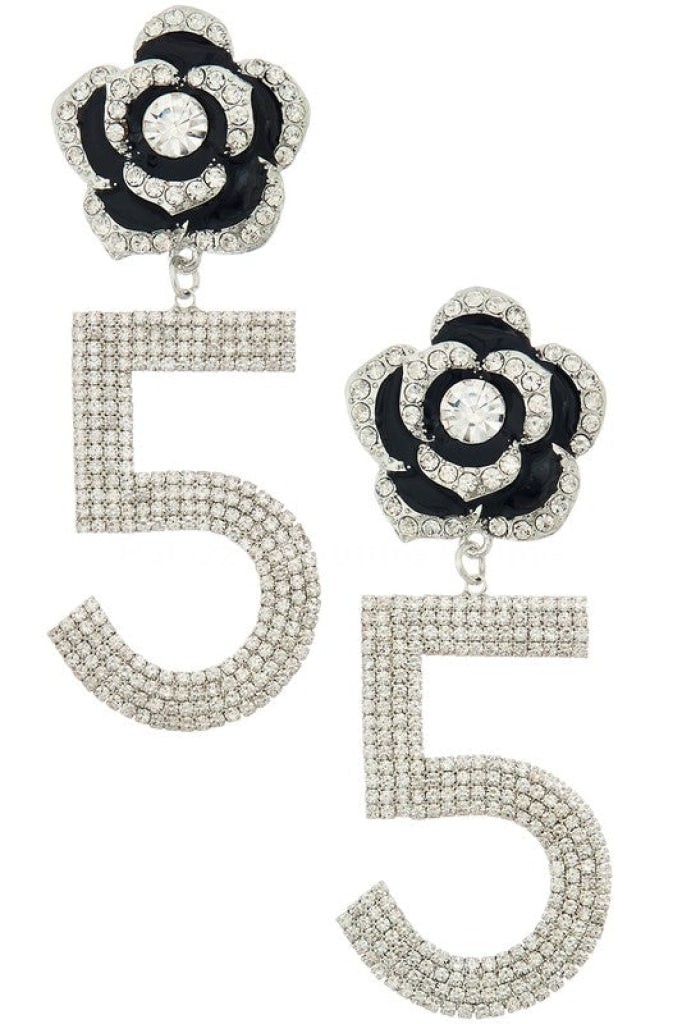 Embellished Flower Drop Statement Earrings Silver/Black