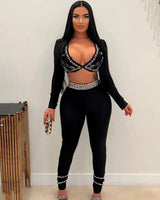 Embellished Two Piece Bandage Pant Set ( Black) showing coordinated top and pants construction