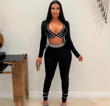 Embellished Two Piece Bandage Pant Set ( Black) showing coordinated top and pants construction