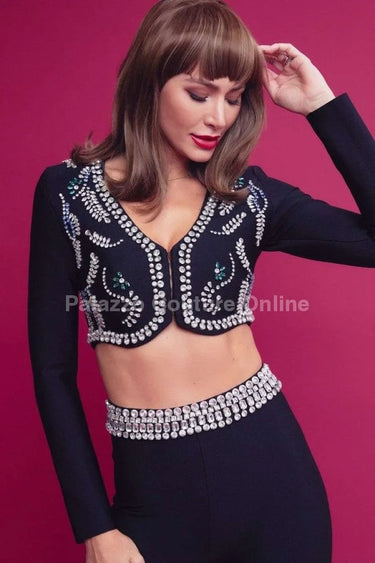 Embellished Two Piece Bandage Pant Set ( Black) side view showing pants silhouette and fit