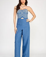 Embroidered GeoMuse Strapless Jumpsuit - Denim - Palazzo Couture Online