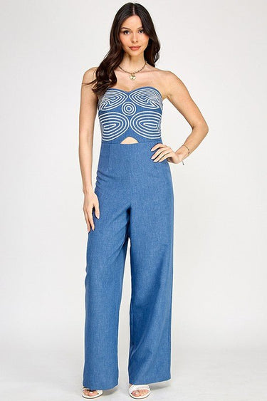 Embroidered GeoMuse Strapless Jumpsuit - Denim - Palazzo Couture Online