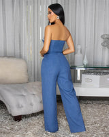 Embroidered GeoMuse Strapless Jumpsuit - Denim - Palazzo Couture Online