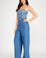 Embroidered GeoMuse Strapless Jumpsuit - Denim - Palazzo Couture Online
