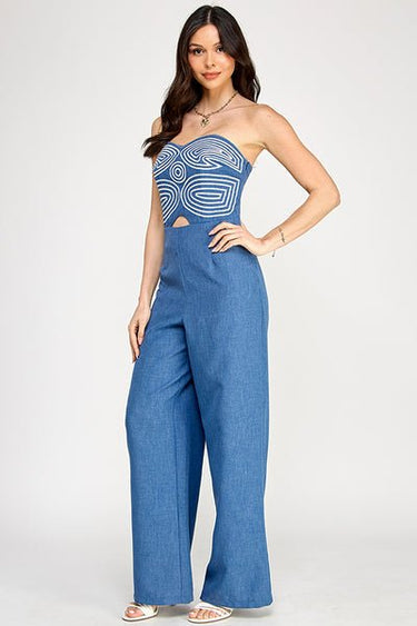 Embroidered GeoMuse Strapless Jumpsuit - Denim - Palazzo Couture Online