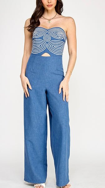 Embroidered GeoMuse Strapless Jumpsuit - Denim - Palazzo Couture Online