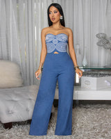 Embroidered GeoMuse Strapless Jumpsuit - Denim - Palazzo Couture Online