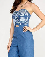 Embroidered GeoMuse Strapless Jumpsuit - Denim - elegant jumpsuit for parties and events