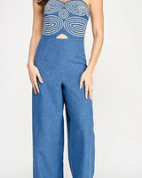 Embroidered GeoMuse Strapless Jumpsuit - Denim - women's one-piece outfit for going out