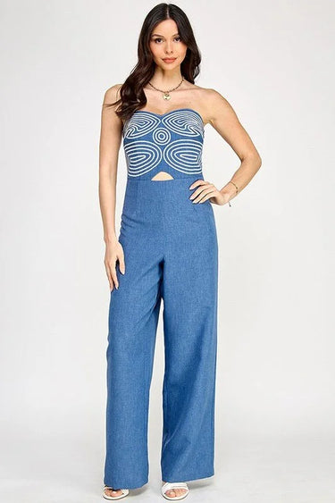 Embroidered GeoMuse Strapless Jumpsuit - Denim - trendy women's jumpsuit