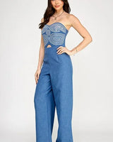 Embroidered GeoMuse Strapless Jumpsuit - Denim - chic one-piece by Palazzo Couture