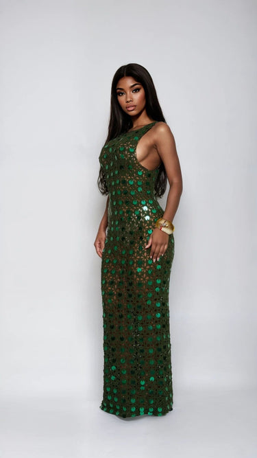 Emerald Glow Sequin Crochet Maxi Cover - Up - Palazzo Couture Online