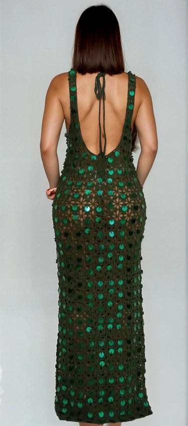 Emerald Glow Sequin Crochet Maxi Cover - Up - Palazzo Couture Online