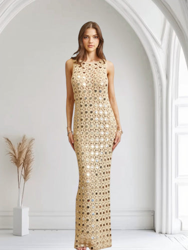 Emerald Glow Sequin Crochet Maxi Cover - Up - Gold - Palazzo Couture Online