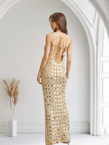 Emerald Glow Sequin Crochet Maxi Cover - Up - Gold - Palazzo Couture Online