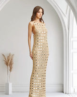 Emerald Glow Sequin Crochet Maxi Cover - Up - Gold - Palazzo Couture Online