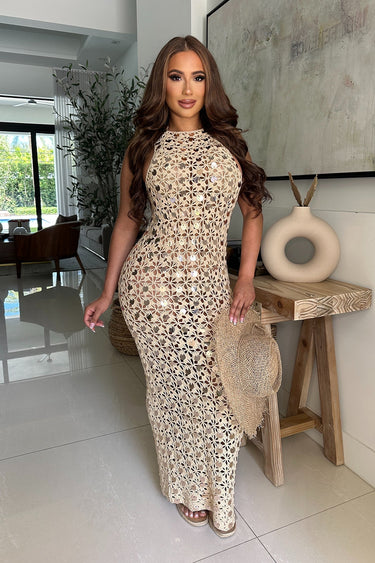 Emerald Glow Sequin Crochet Maxi Cover - Up - Gold - Palazzo Couture Online