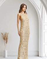 Emerald Glow Sequin Crochet Maxi Cover-Up -Gold close up detail of crochet design and fabric