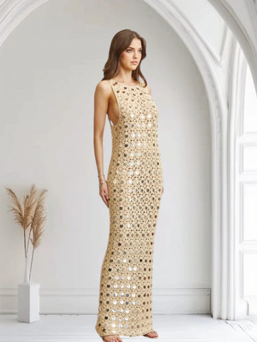 Emerald Glow Sequin Crochet Maxi Cover-Up -Gold close up detail of crochet design and fabric