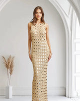 Emerald Glow Sequin Crochet Maxi Cover-Up -Gold front view showing full-length maxi silhouette