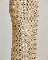 Emerald Glow Sequin Crochet Maxi Cover-Up -Gold side view highlighting floor-length hemline