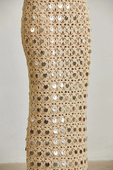 Emerald Glow Sequin Crochet Maxi Cover-Up -Gold side view highlighting floor-length hemline