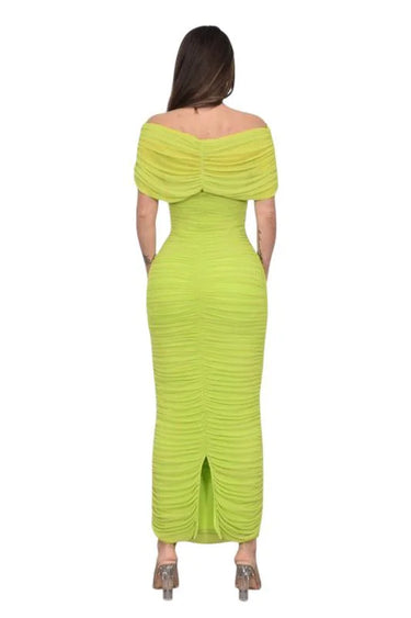 Women's Lime Green maxi dress off-shoulder style back view