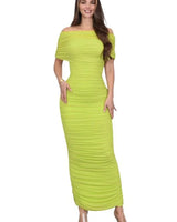 Enchanted Allure Ruched Off-Shoulder Maxi Dress - Lime Green front view showing full-length maxi silhouette