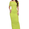 Enchanted Allure Ruched Off-Shoulder Maxi Dress - Lime Green front view showing full-length maxi silhouette