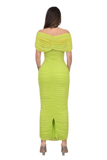 Enchanted Allure Ruched Off - Shoulder Maxi Dress - Lime Green - Palazzo Couture Online