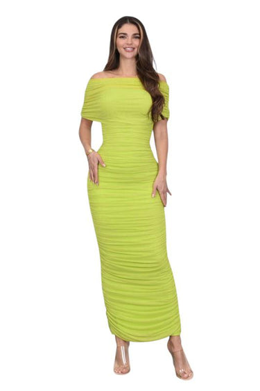 Enchanted Allure Ruched Off - Shoulder Maxi Dress - Lime Green - Palazzo Couture Online