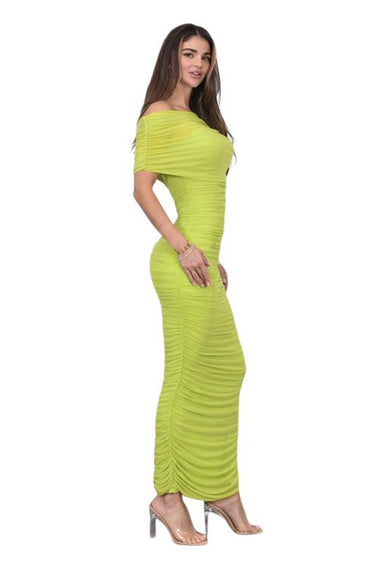 Enchanted Allure Ruched Off - Shoulder Maxi Dress - Lime Green - Palazzo Couture Online