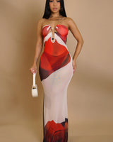 Enchanted Bloom Mesh Maxi Dress - RED/ Off White - Palazzo Couture Online