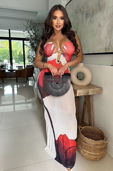 Enchanted Bloom Mesh Maxi Dress - RED/ Off White - Palazzo Couture Online