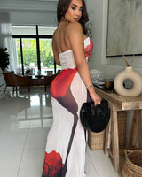 Enchanted Bloom Mesh Maxi Dress - RED/ Off White - Palazzo Couture Online