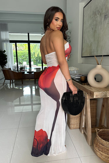 Enchanted Bloom Mesh Maxi Dress - RED/ Off White - Palazzo Couture Online