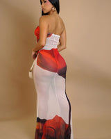 Enchanted Bloom Mesh Maxi Dress - RED/ Off White - Palazzo Couture Online