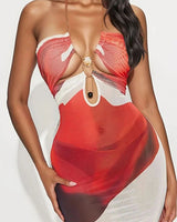 Women's Red/ Off White maxi dress mesh style back view